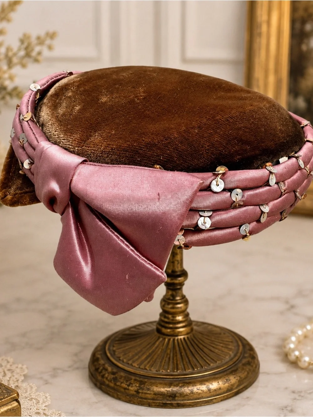 Vintage Brown Velvet Pillbox Hat Pink Satin Bow Sequin Trim Women’s Unbranded